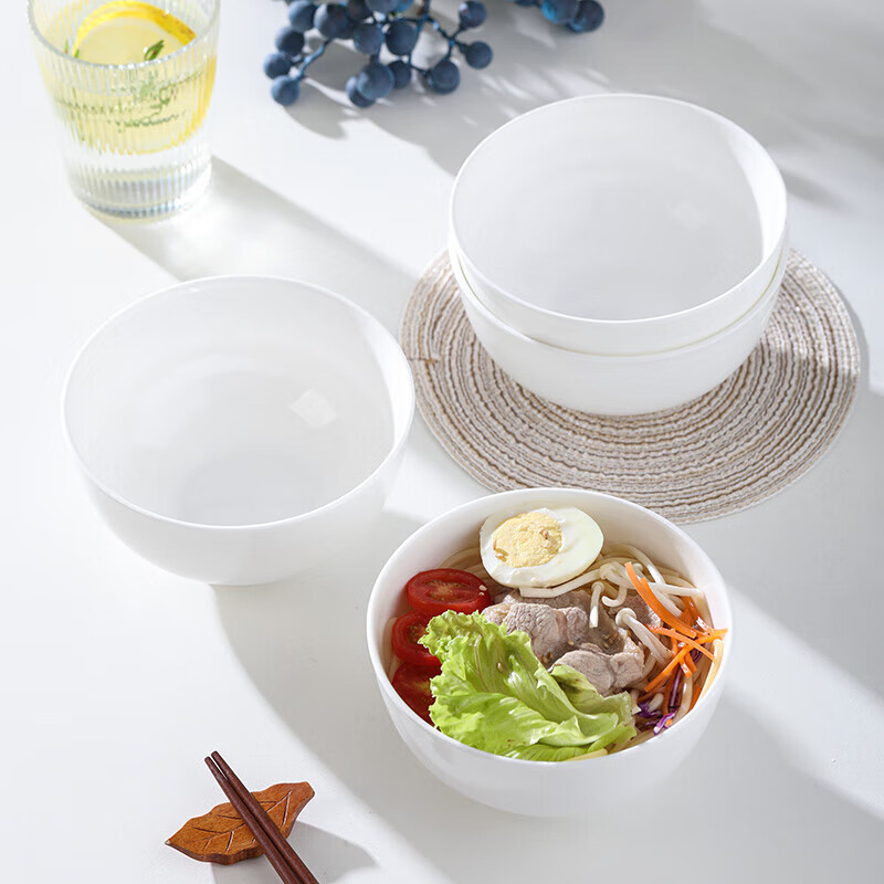Remec Jinyu Ruimei Bone China Pure White Floral 5-Inch Footed Rice Bowls Set of 4 Ceramic Bowls