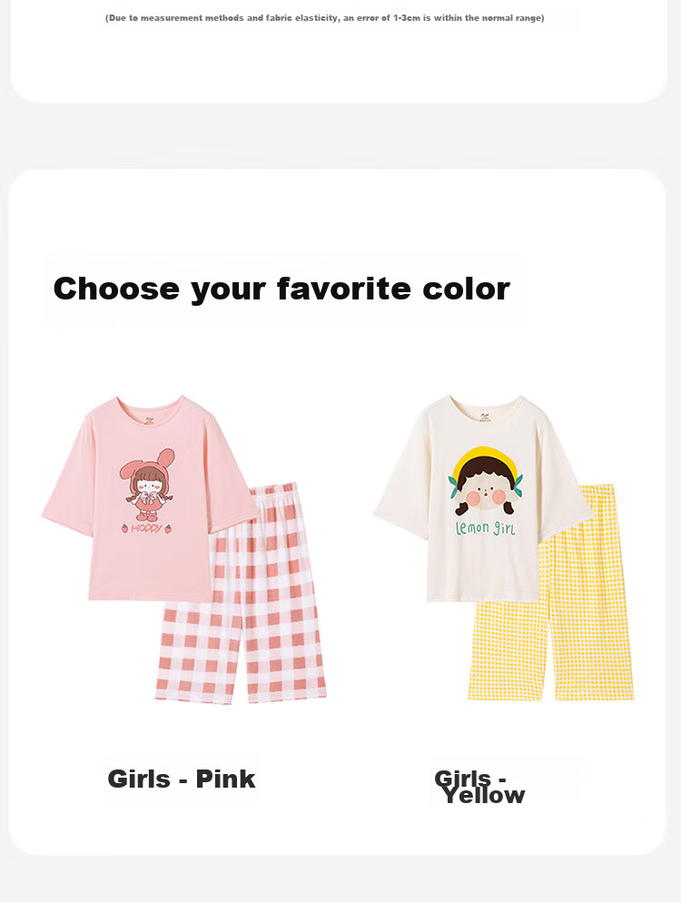 Dingguagua Children's Home Wear Set, Girls' Three-Quarter Sleeve Pajamas, Breathable Sleepwear for Older Children, Thin Summer Pure Cotton, Yellow, Size 150 11