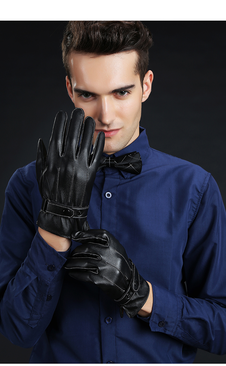 BWNK Touchscreen Men's Leather Gloves Winter Warm Windproof Fleece-Lined PU Gloves Men's Winter Motorcycle Gloves Black 4
