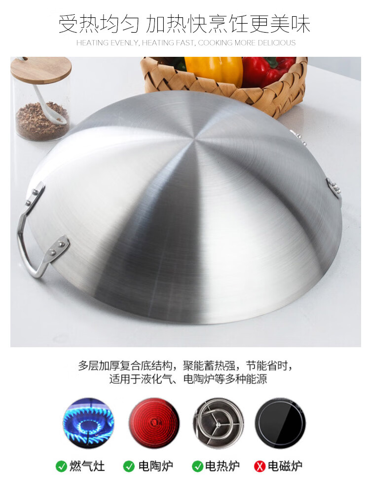 Universal Stainless Steel Wok 55cm Chef-Grade Double-Handle Commercial Round Bottom Stir-Fry Pan No Coating Large Pot for Restaurant Cafeteria 2