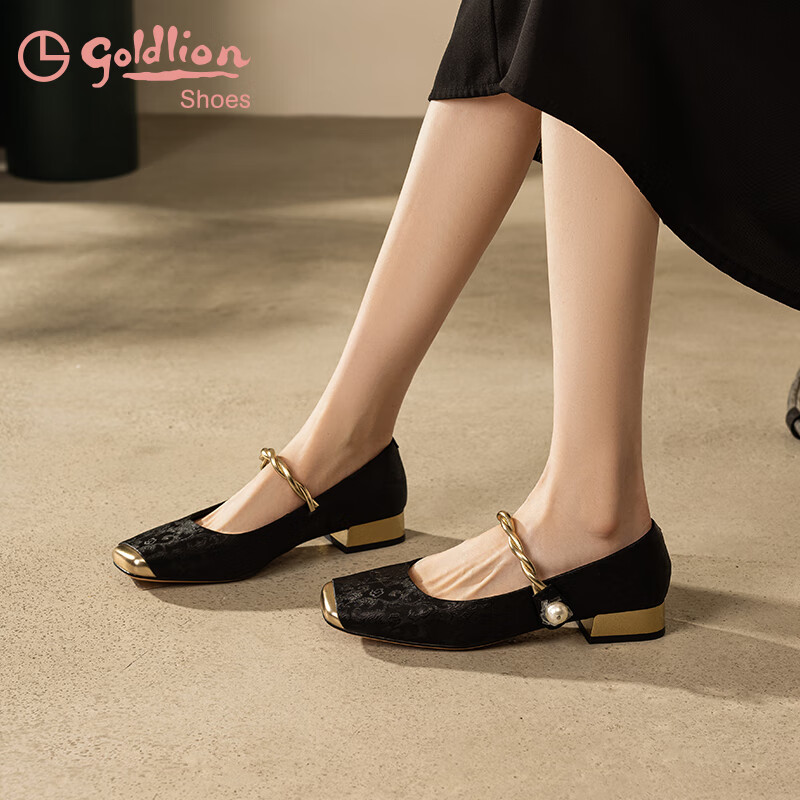 Goldlion Women's Shoes, New Chinese-Style National Fashion Flats, Chunky Heel, Color-Block Mary Jane Shoes, G686430283, Black, Size 37