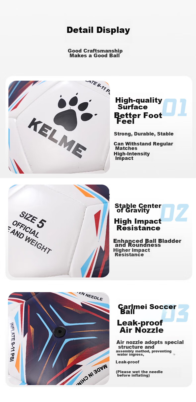 KELME Sewn Football Training Match Ball Durable Size 4 Children's Standard White Blue 8