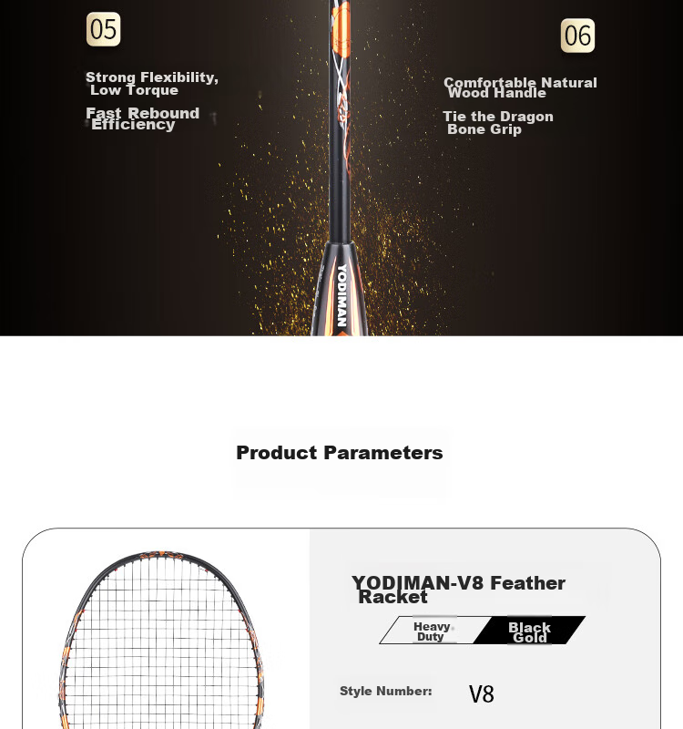 Yodiman Secondary-Shaped Black Gold Badminton Racket, 4U Full Carbon V8 Single Racket (Pre-Strung) 5