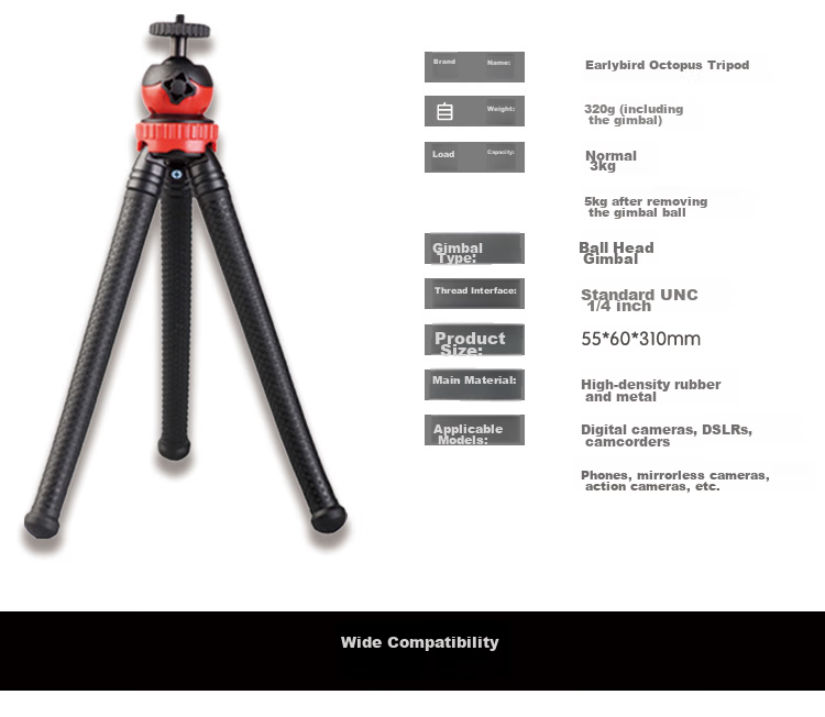 Earlymen EM-123 Octopus Desktop Tripod, Vlog Short Video Host Desktop Stand, Phone Selfie Stand, Portable Versatile with Phone Clamp + Remote Control 4