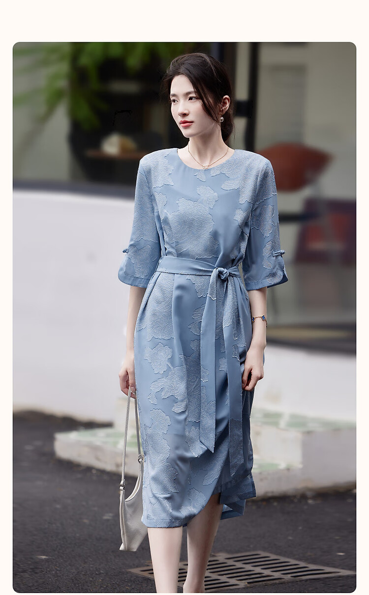 Dme (Unbelievably Comfortable) Spring And Autumn Delicate Jacquard Flared Seven-Quarter Sleeve Classical Button-Up Loose-Fitting Dress with Hidden Pockets 2