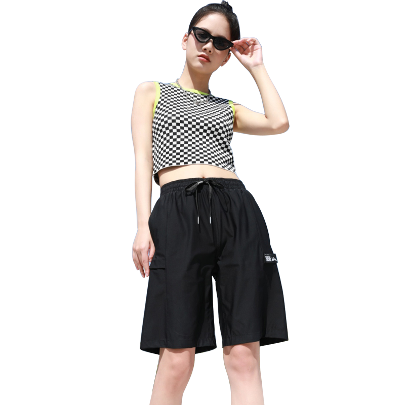 XUEXIMAN Women's Sports Shorts, Summer Lightweight Loose Straight-Leg Cargo Shorts, High-Waist Quick-Dry Wide-Leg Black Mid-Length Shorts
