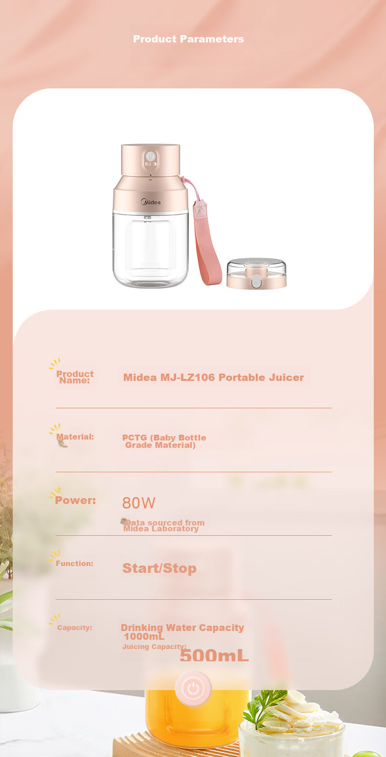 Midea Juicer Cup, Portable Home Juicing Machine, Orange Juice Maker, Food Processor, Blender Cup, Wireless Charging Juice Maker, Outdoor Portable Juice Cup MJ-LZ106 16