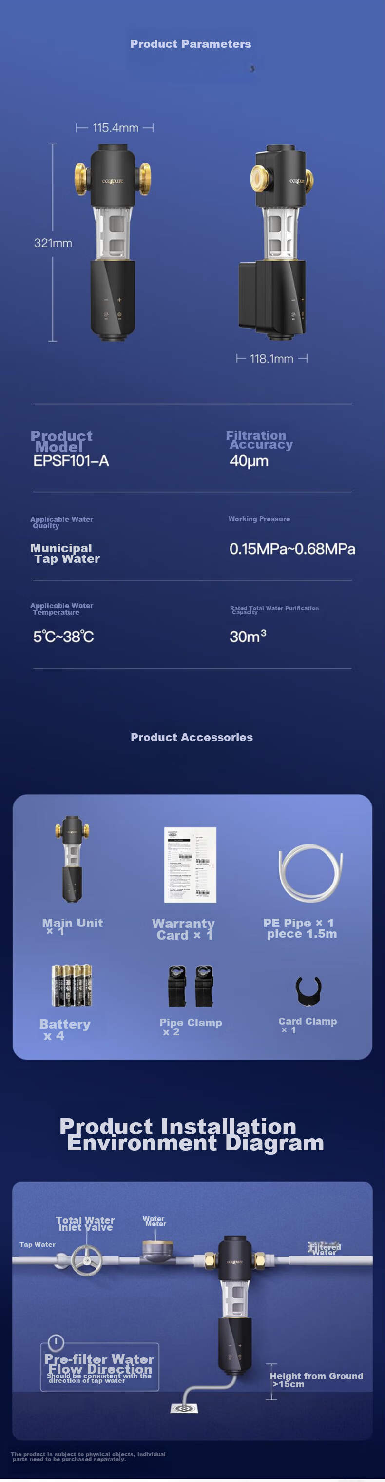 Yikepiao Pre-Filter Water Purifier for Home Use, Whole House Under-Sink Pipeline Filtration, High Flow Rate, No Filter Replacement Needed, Lead Separation, Automatic Backwash, Explosion-Proof, Freeze-Resistant Filter Bottle EPSF101-A 8
