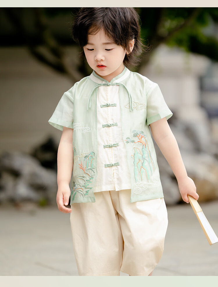 Menghu Xishan Hanfu Boys' 2026 New Tang Suit, Chinese Style New Children's Outfit, Green Top, Size 90 10