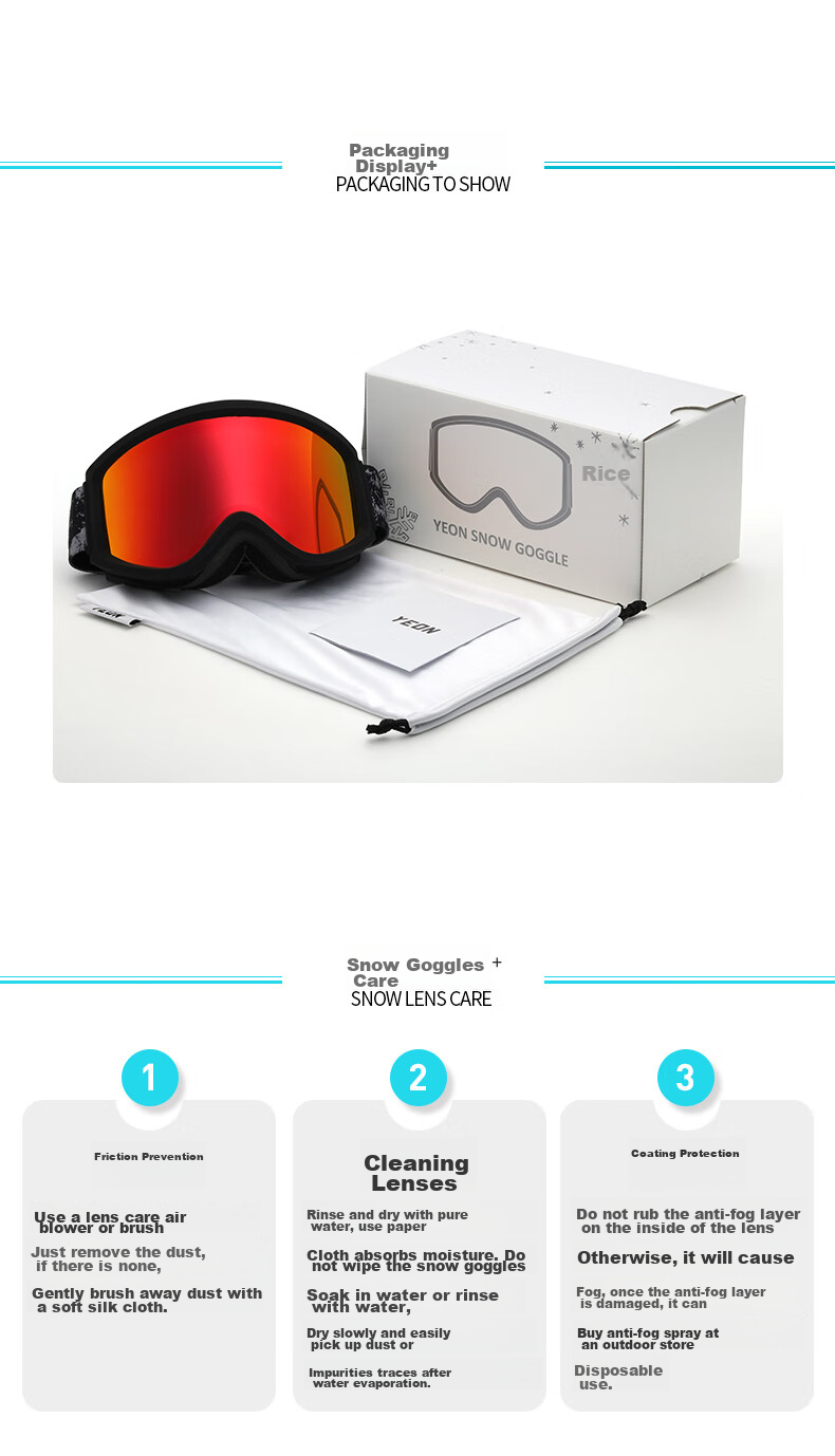YEON Ski Goggles with Double Anti-Fog Coating, High Definition Protective Eyewear, Asian Frame Style, Unisex, 2MX126-A901, White Frame with Blue Lenses 10