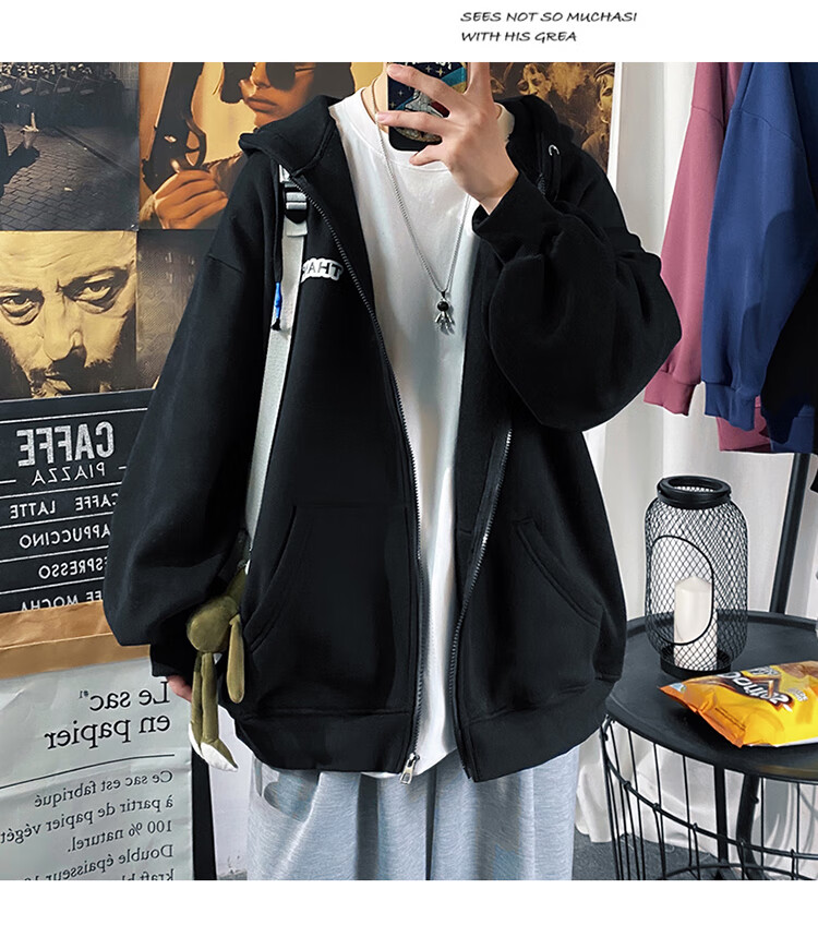 Foss Phil Men's Jacket, Spring And Autumn Large Size Cardigan Sweatshirt, Hooded Sports Top, Loose-Fitting Jacket JK2080, Black, XL 8