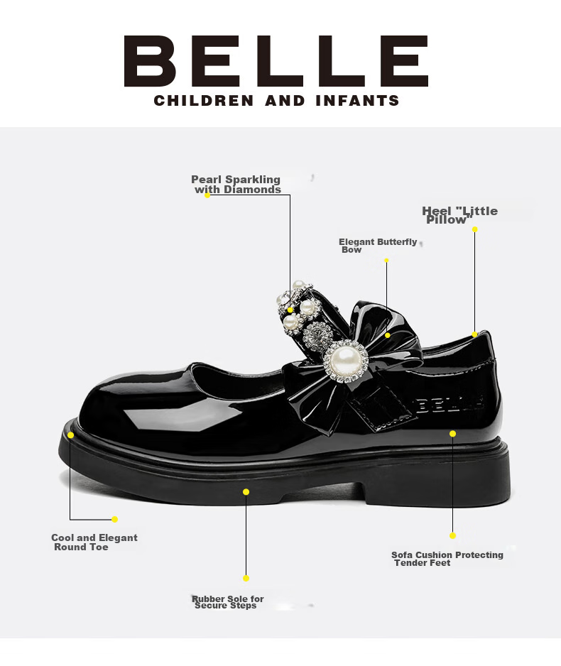 Belle Children's Shoes [Exclusive Style], Girls' Black Leather Shoes, Spring And Autumn Performance Flats, Back-To Student Shoes, Princess Shoes, Black, Size 33 4