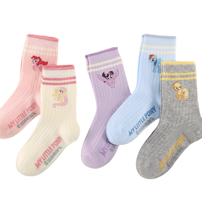 MY LITTLE PONY Girls' Socks, Antibacterial Spring And Autumn New Style, Non-Slip Cotton Socks, Children's White Mid-Calf Socks, 243001 Color Combination, Size 20-22