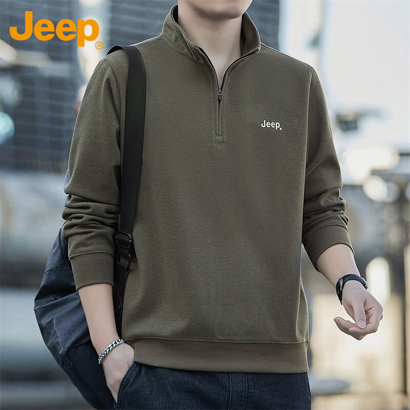 JEEP Men's Sweatshirt, Loose-Fitting Stand Collar Long Sleeve T-Shirt, Heavyweight Trendy Clothing for Men, Khaki, M