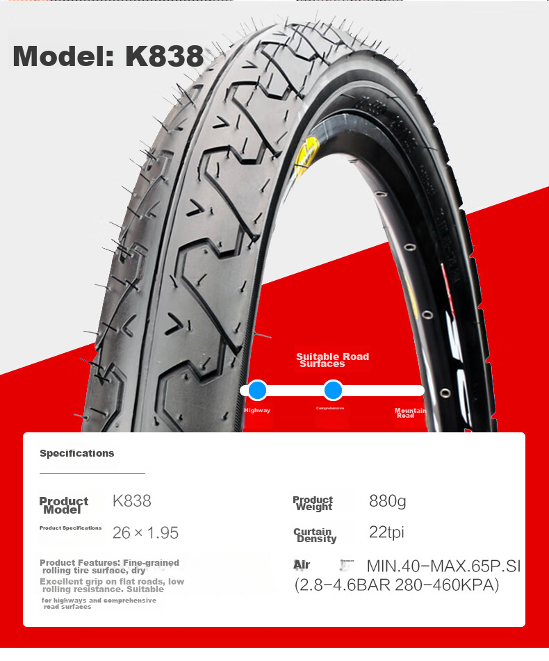 KENDA K1153 Mountain Bike Outer Tire, 26*1.95, Bicycle Off-Road Tire, Wear-Resistant, Non-Slip, Large Tread Pattern, Riding Tire, Pressure-Resistant, Wear-Resistant, Anti-Slip, Large Particle, Black 11