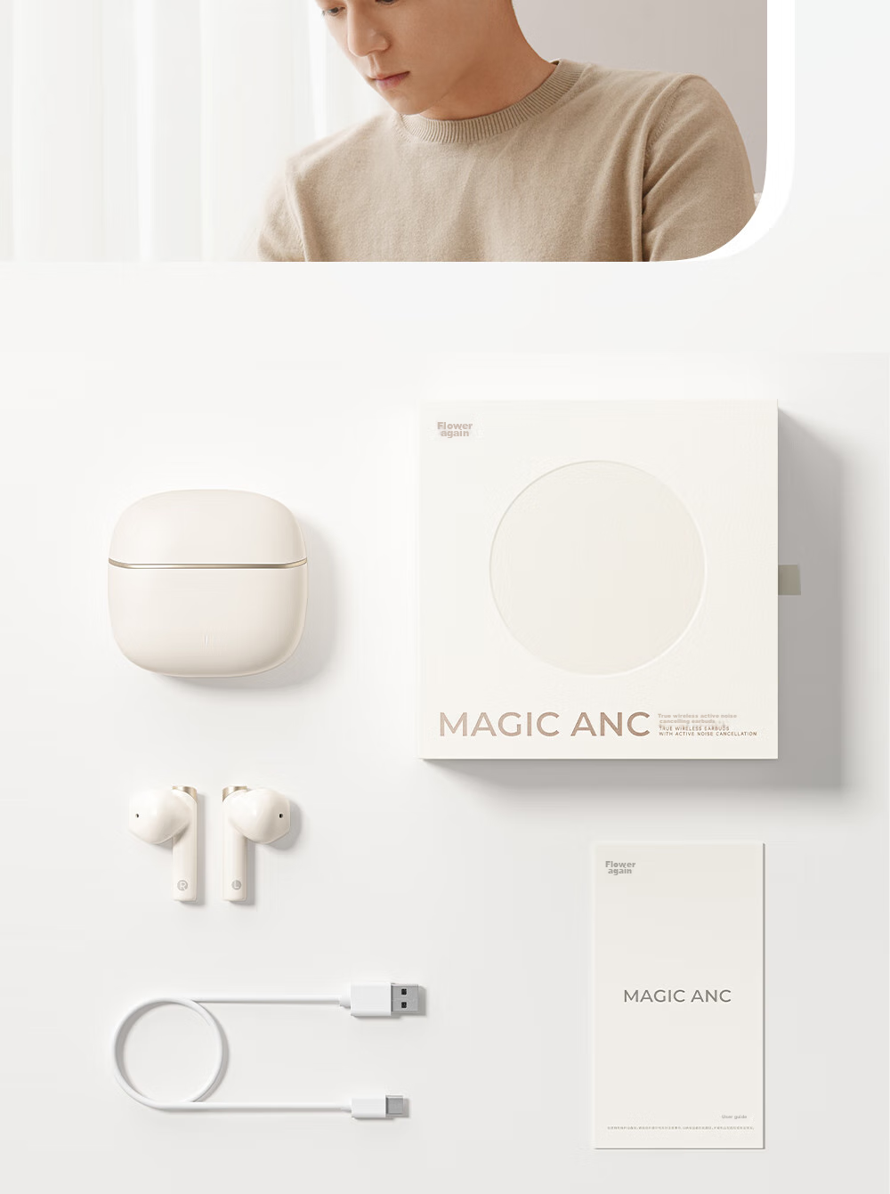 Manbuzhehuazai Magic ANC True Wireless Bluetooth Earphones, Semi-In Active Noise Cancellation, 30-Hour Battery Life, Dual Device Connection, Compatible with Apple, Huawei, Xiaomi, Bean Gree 24