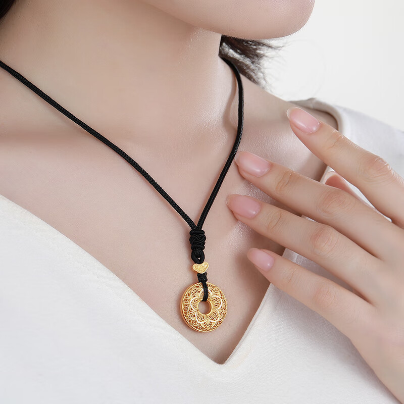 潮宏基chjjewellery古法花丝富贵扣足金黄金吊坠项链计价xxg30000799