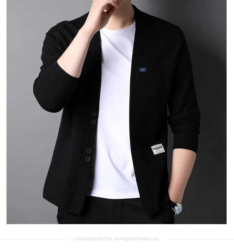 Hengyuanxiang Men's Knitted Cardigan Sweater Jacket Trendy Youth Pocket Shawl HJ172 Black 170/88A 4