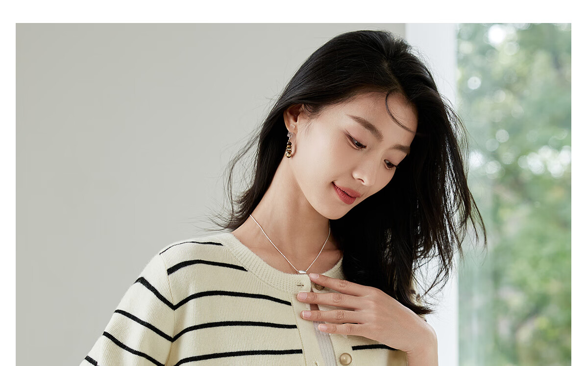 Chushen Spring And Autumn Knitted Cardigan for Women, Versatile Round Neck Fashionable Striped Curved Hem Sweater Jacket Top S143Z1032 13