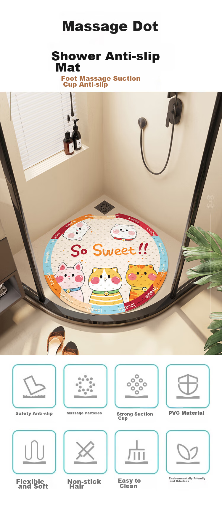 Yinshang Bathroom Round Non-Slip Mat Floor Mat Shower Room Suction Cup Foot Pad Children's Cartoon Anti-Slip Mat 55*55CM 1