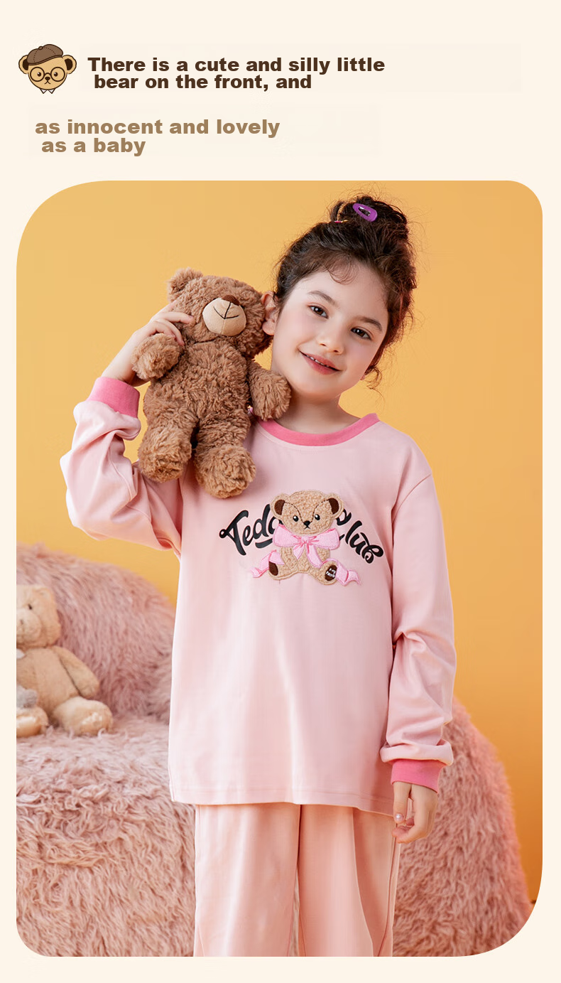 Fenteng Children's Pajamas, Girls' Brown Bear And Cony Rabbit Co-Branded Pure Cotton Sleepwear for Older Childre 4