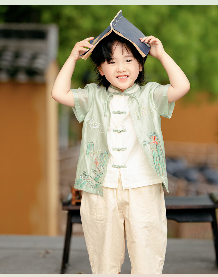 Menghu Xishan Hanfu Boys' 2026 New Tang Suit, Chinese Style New Children's Outfit, Green Top, Size 90 8