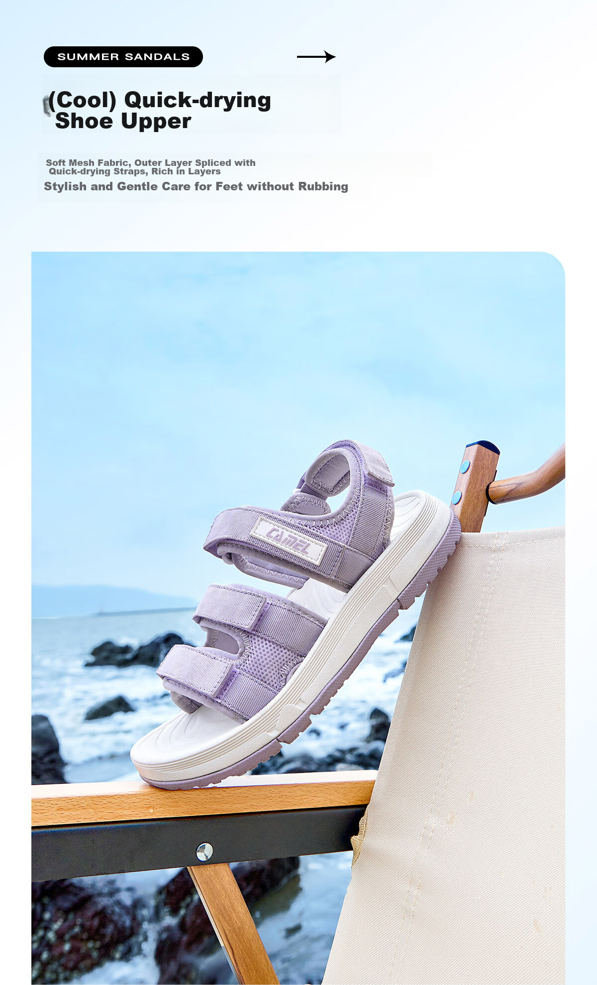 CAMEL Velcro Contrast Color Beach Sandals, Women's Sports Casual Shoes, K24B16L2010, Lavender Purple, Size 38 41