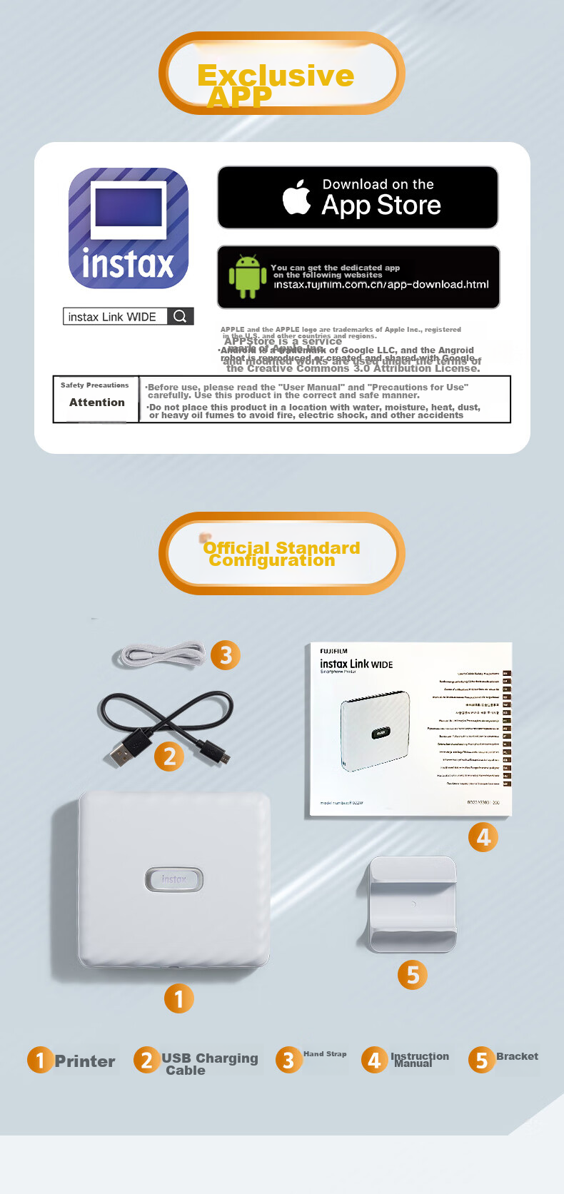 INSTAX Fuji INSTAX Link WIDE Instant Camera, Smartphone Photo Printer, Mocha Gray, Wide Format Double Pack Photo Paper Set 7
