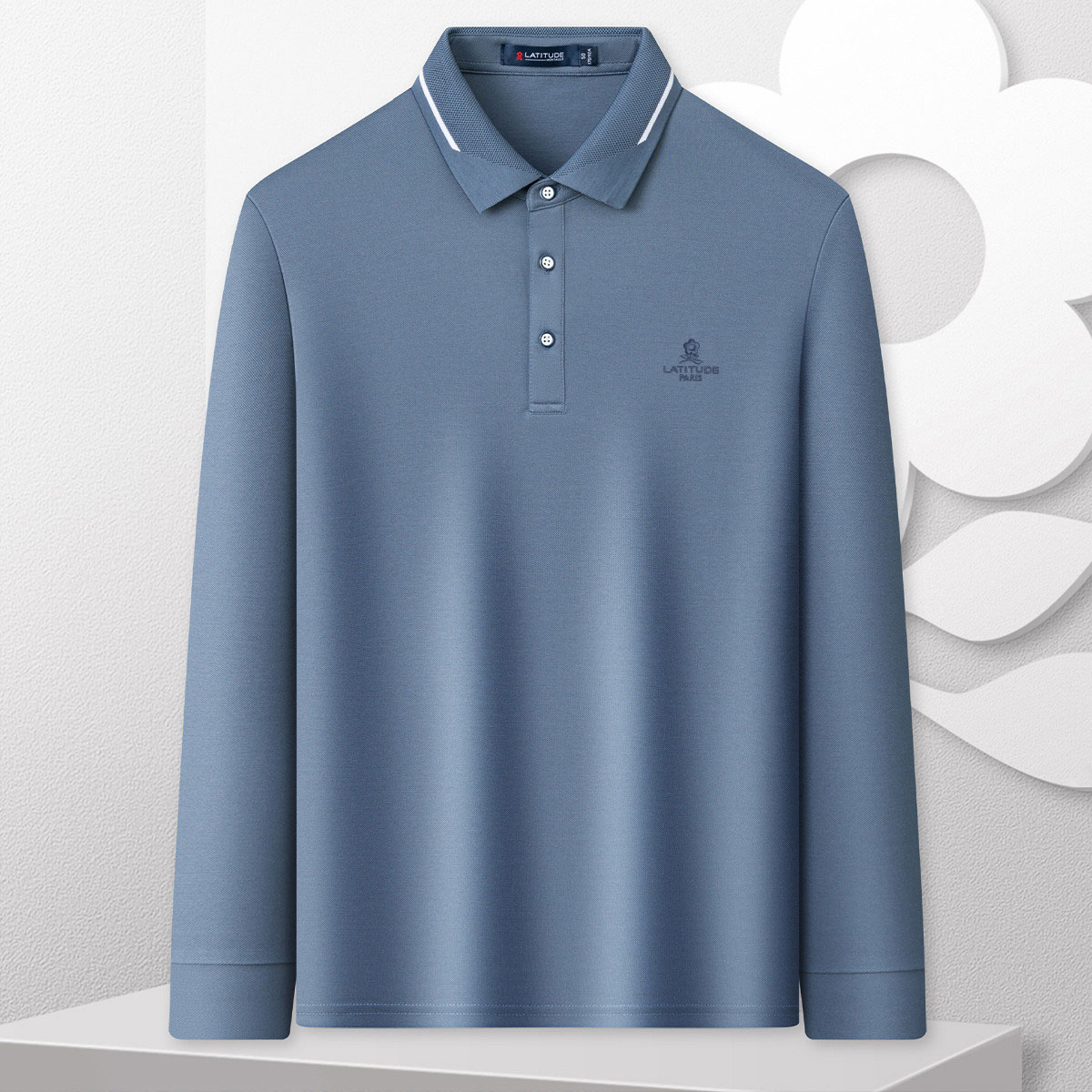 MONTAGUT [Containing Silk Cotton & Turn-Down Collar Jacquard], Spring Solid Color Casual Men's Long-Sleeve Polo Shirt, JG Gray-Blue, M