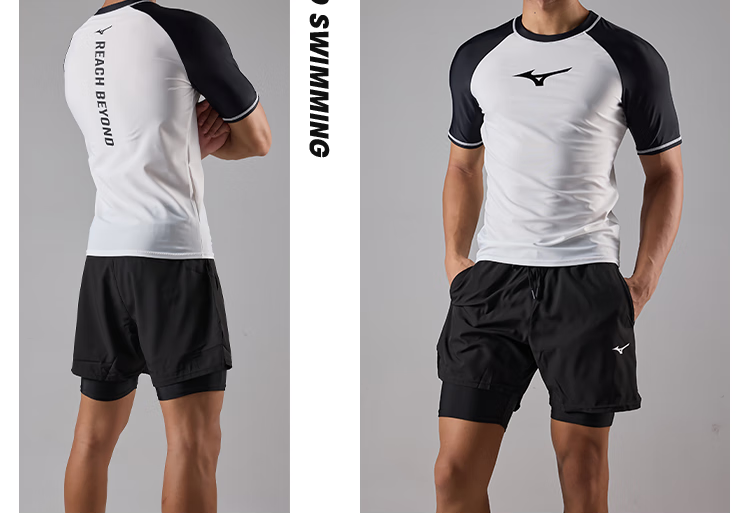 MIZUNO Men's Short Sleeve Swimwear Plus Size Quick-Dry Beach Surfing Top AB108 Black 3XL 5