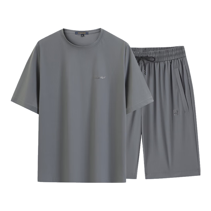 ROMON Men's Summer Ice Silk Casual Short Sleeve T-Shirt and Shorts Set Sportswear TZ2401 Gray XL
