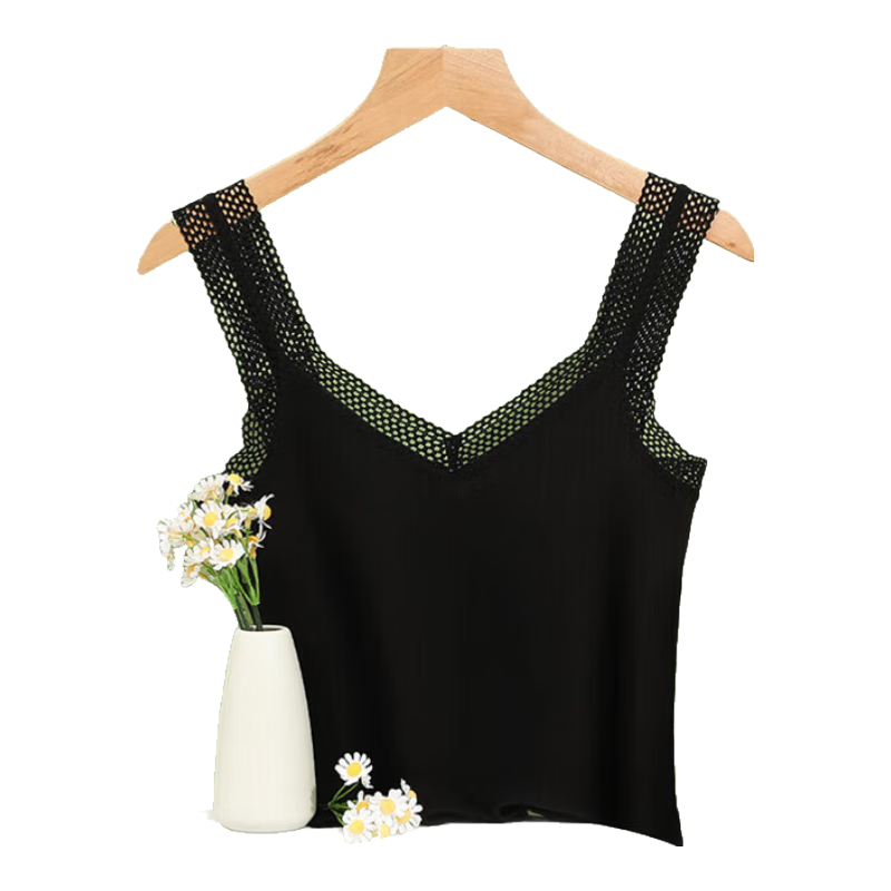 Hodo V-Neck Camisole for Women, Slimming, Nude Feel, Lace, Hollow-Out Design, Inner Wear Or Outer Wear, Classic Black, Size 165/90