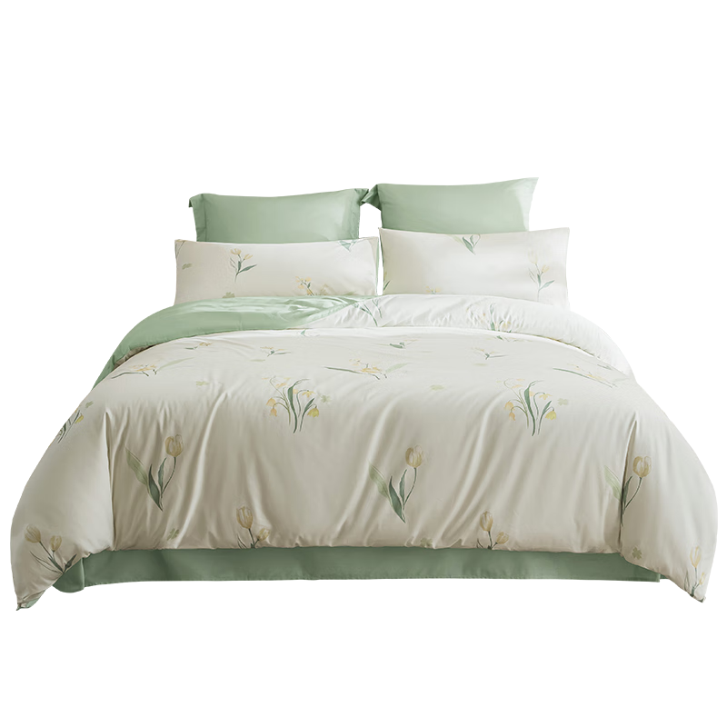 JD Original 100% Pure Cotton Four-Piece Bedding Set, All-Cotton Bedsheet And Duvet Cover, Antibacterial Bedding Set, for 200*230cm 1.5/1.8 Meter Beds, Lily of The Valley Patter
