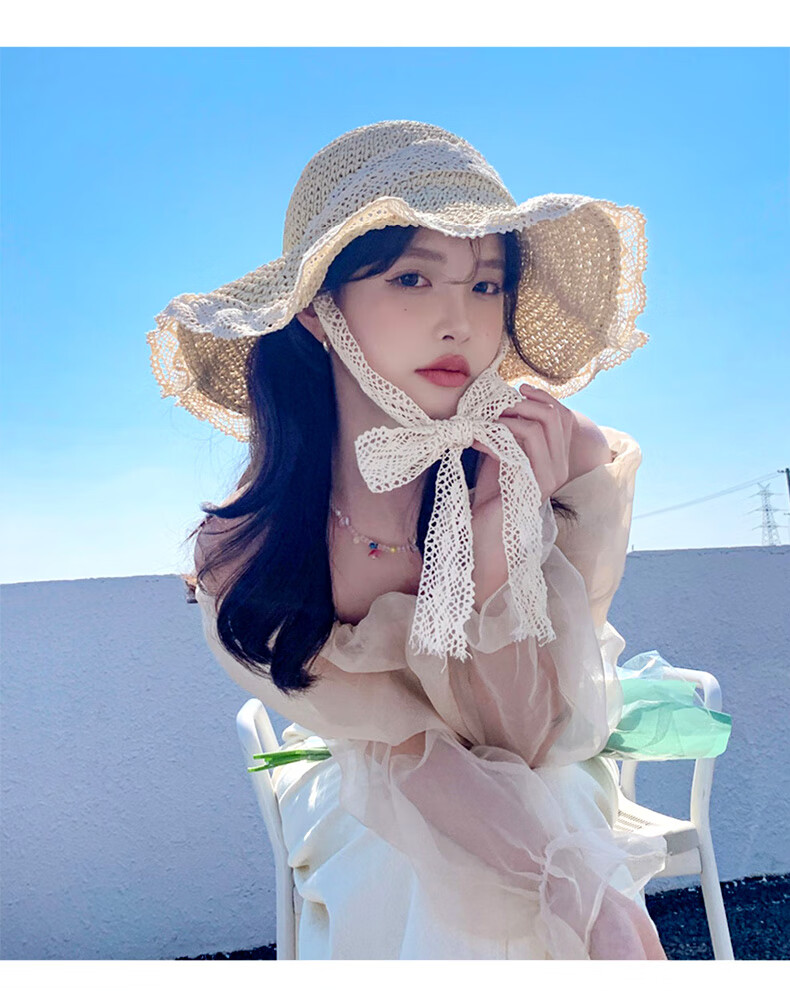 FitonTon Women's Summer Sun Hat Beach Outdoor Straw Hat Korean Style Travel Sun Hat with Tie Hollow Lace Edge Straw Braided Hat 22
