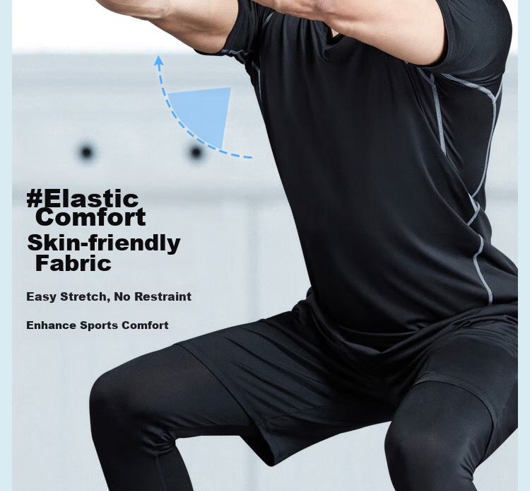 Fandimu Men's Sports Short-Sleeve T-Shirt, Fitness Tight-Fitting Quick-Dry Breathable Training Running Shirt, Black with Contrasting Lines, Size M 6