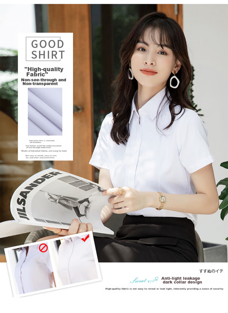 XUEXIMAN Short-Sleeve Shirt for Women, Work Uniform Blouse, Business Casual Slim-Fit Professional Wear, Summer Work Clothes, Square Collar, White 3