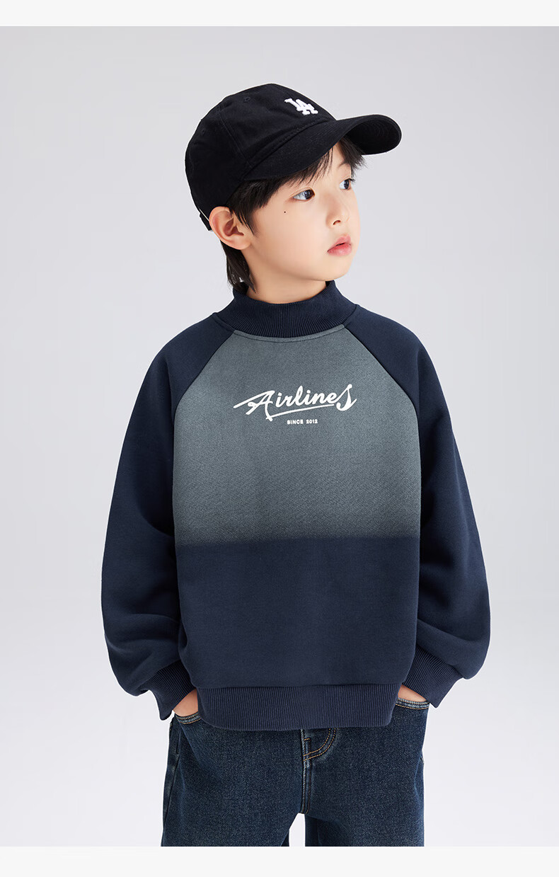 Zuo Xi Boys' Fleece-Lined Sweatshirt 2025 New Winter Thickened Top Stylish Boys' Winter Wear Navy Blue 150 6
