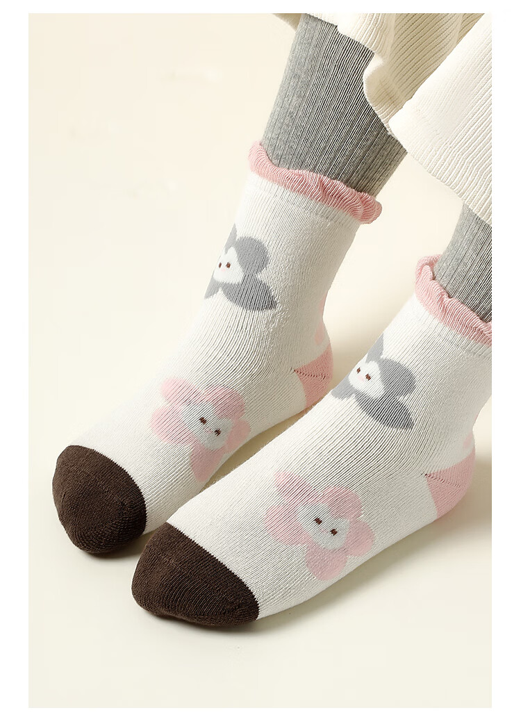 Bingxuemumian Children's Socks, Girls' Autumn And Winter Fleece-Lined Thick Terry Socks, Mid-Calf Cotton Socks, 5 Pairs, for Older Children, Students, Warm Short Socks 8