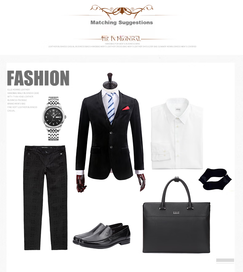ELLE HOMME Men's Business Briefcase, Handheld Work Bag Horizontal Style Top Layer Cowhide Laptop Bag Large Capacity Fashionable Men's Bag EA888200411 Black 15