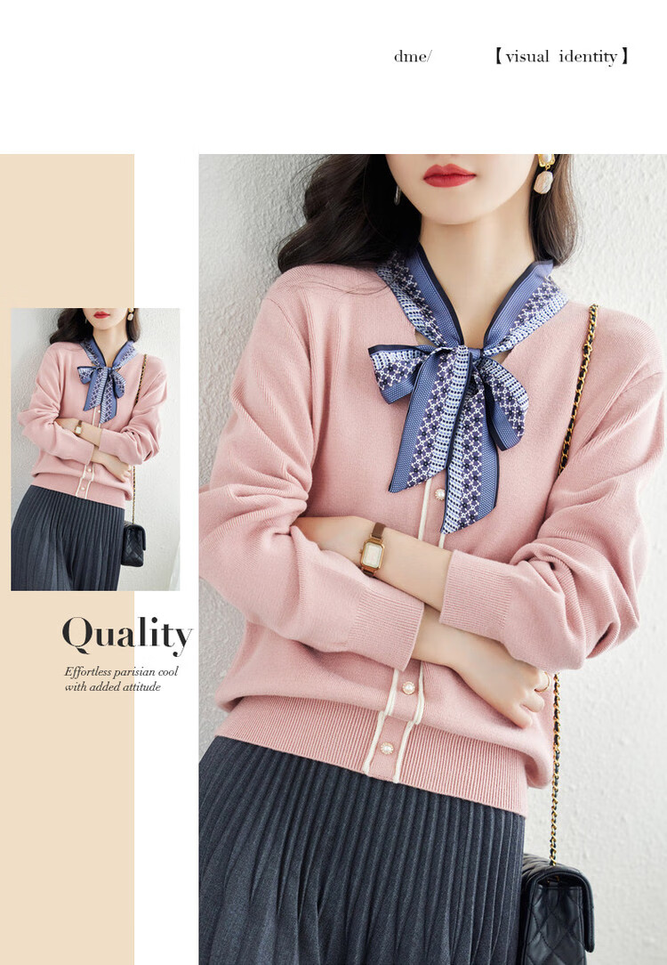 Dme [Commute] Spring And Autumn Silk Ribbon Pearl Button Decorated Cardigan, Versatile Knit Sweater for Women, Medium Gray, Size S 12