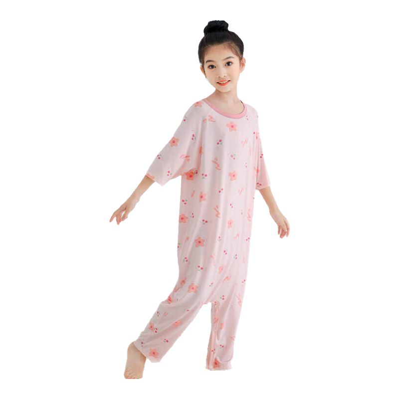 Hodo Children's One-Piece Pajamas, Spring And Summer Three-Quarter Sleeve, Youkesi Boys And Girls Loungewear, Thin Style, Belly Protection, P3002 Pink, Size 100
