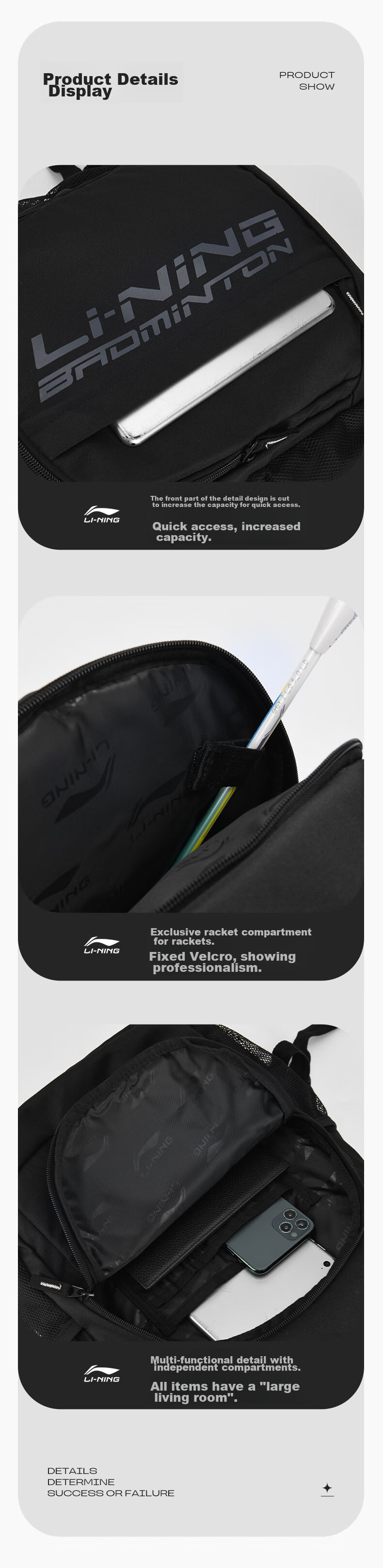 Li-Ning Badminton Racket Bag, Large Capacity, Multifunctional, Lightweight, Durable, Travel Sports Backpack, School Bag, Black 5