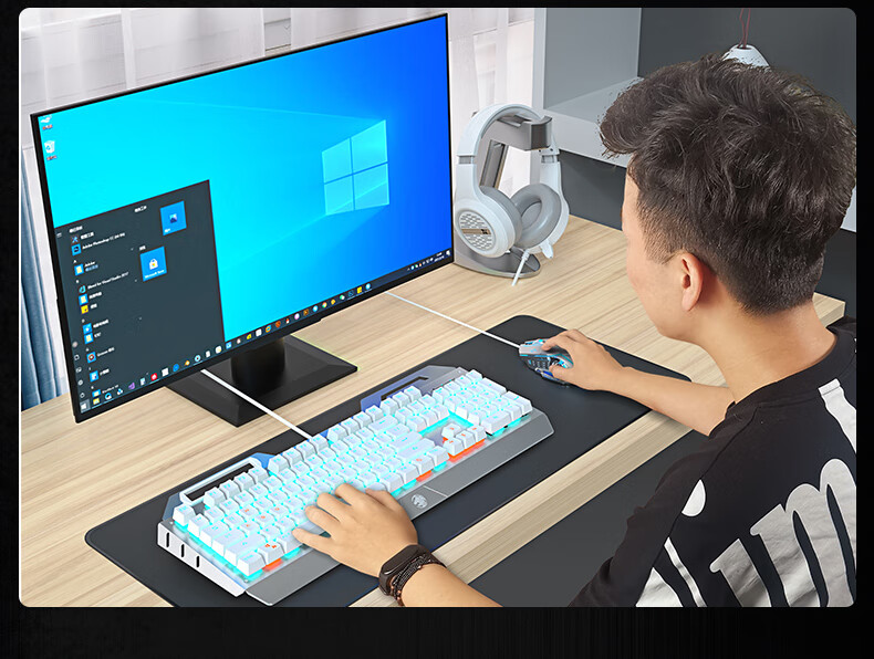 EWEADN TK900 Mechanical Keyboard And Mouse Combo Set for Gaming, Wired Desktop And Laptop External Office Keyboard And Mouse with Blue Switches, 104 Keys, Black with Ice Blue Light 8