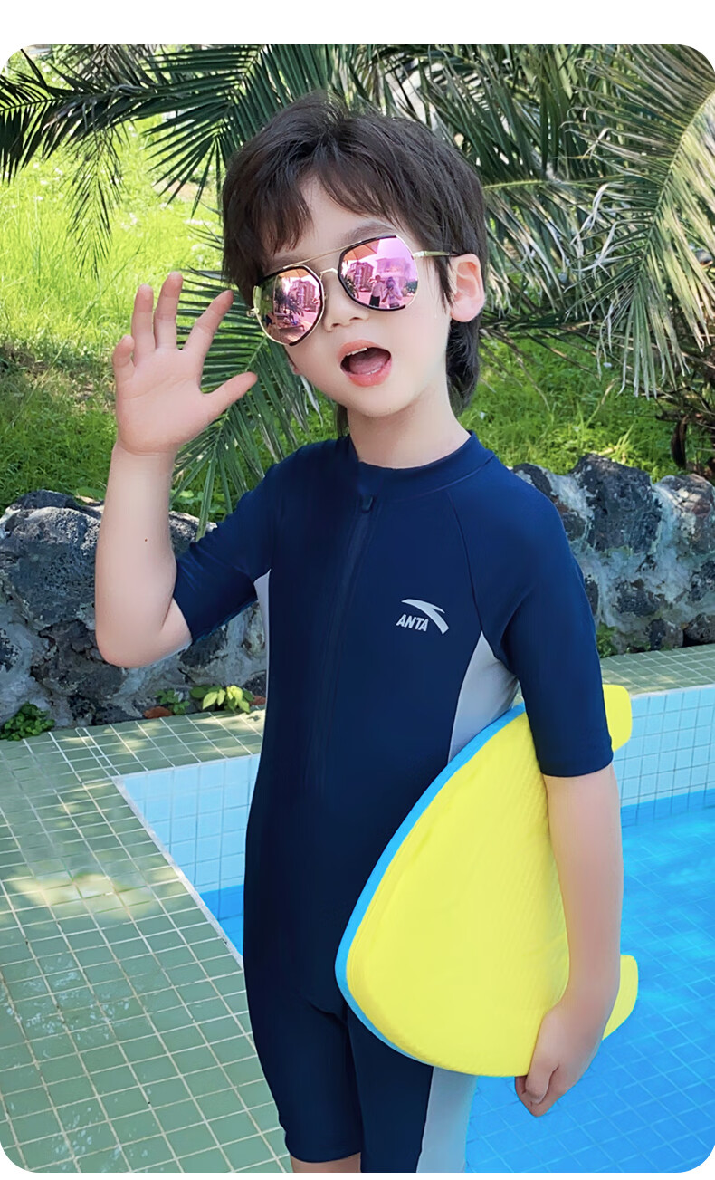 ANTA Boys' Swimwear 2024 New Kids' One-Piece Quick-Dry Youth Professional Training Swimsuit Blue White 150 3