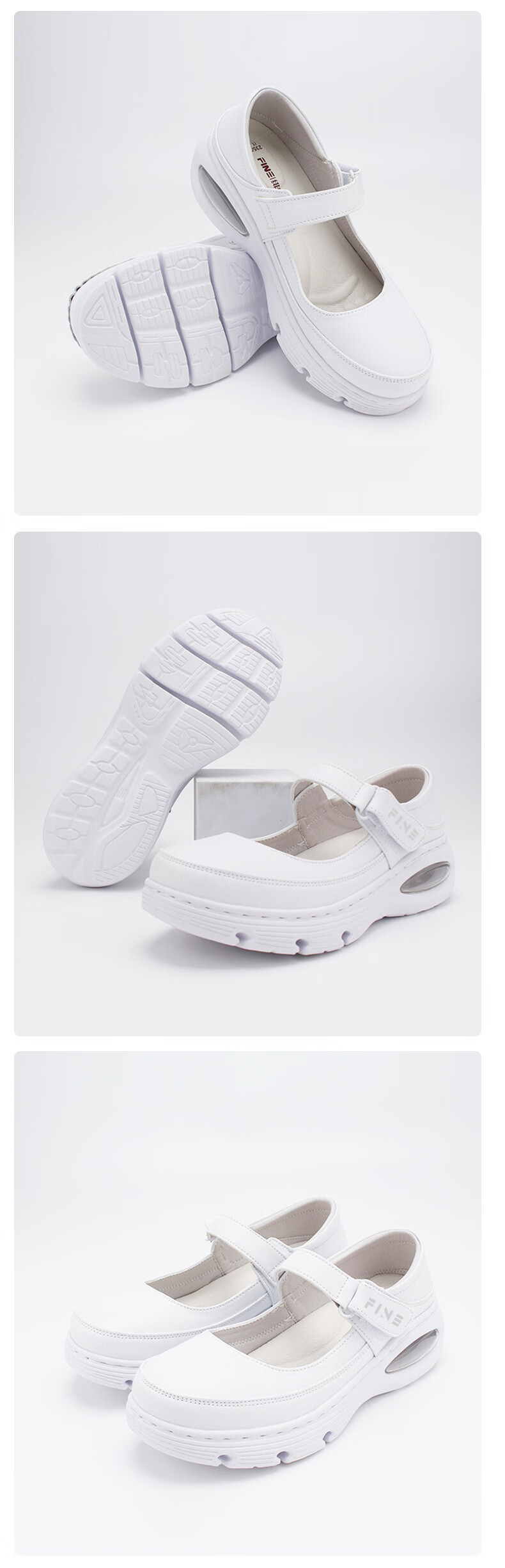 Feiying Air Cushion Nurse Shoes for Women, Spring And Summer Style, Genuine Leather, Glossy Surface, Velcro Medical Work Shoes 2-2013 White 40 11