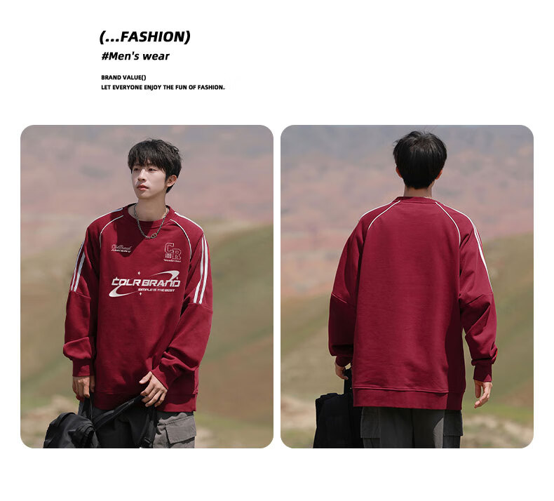 CLOR American-Style Striped Patchwork Sweatshirt for Men, Spring And Summer Style, Trendy Casual Loose Long-Sleeve T-Shirt WYC10 White M 18