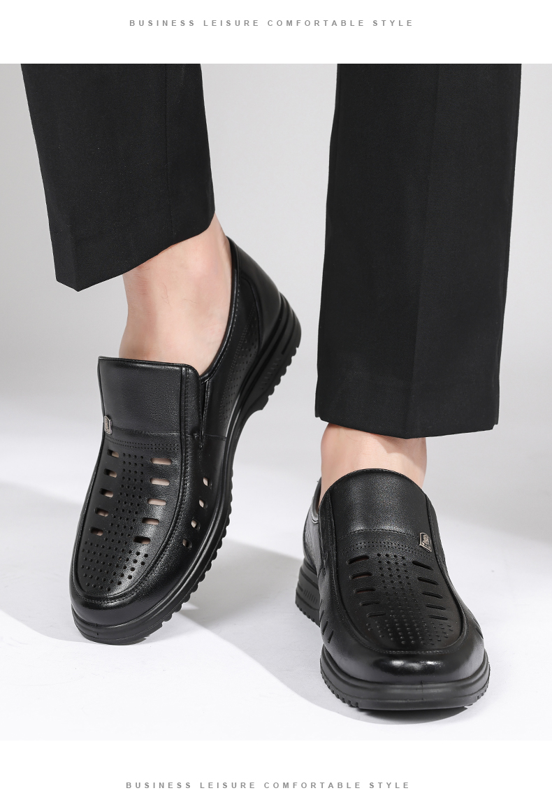 LAORENTOU Men's Business Casual Leather Slip-On Shoes Layered Cowhide Non-Slip Breathable Hollow Shoes LL12163 Black Size 38 12