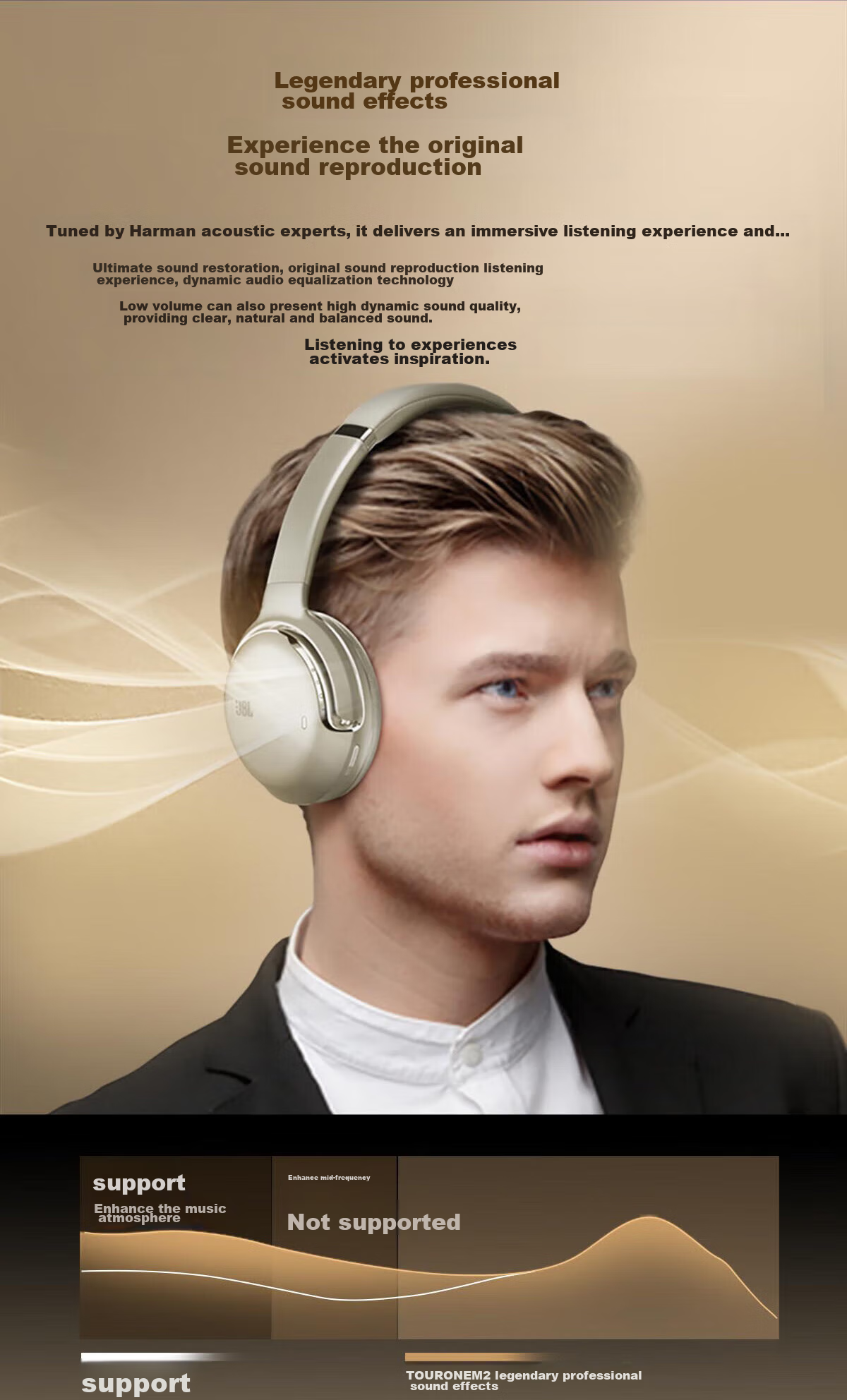 JBL TOUR ONE M2 Wireless Bluetooth Headphones, Long Battery Life, Active Noise Cancellation, Hi-Res Certified, Music Earphones, High-End Travel Commuter Headset, Champagne Gold 5
