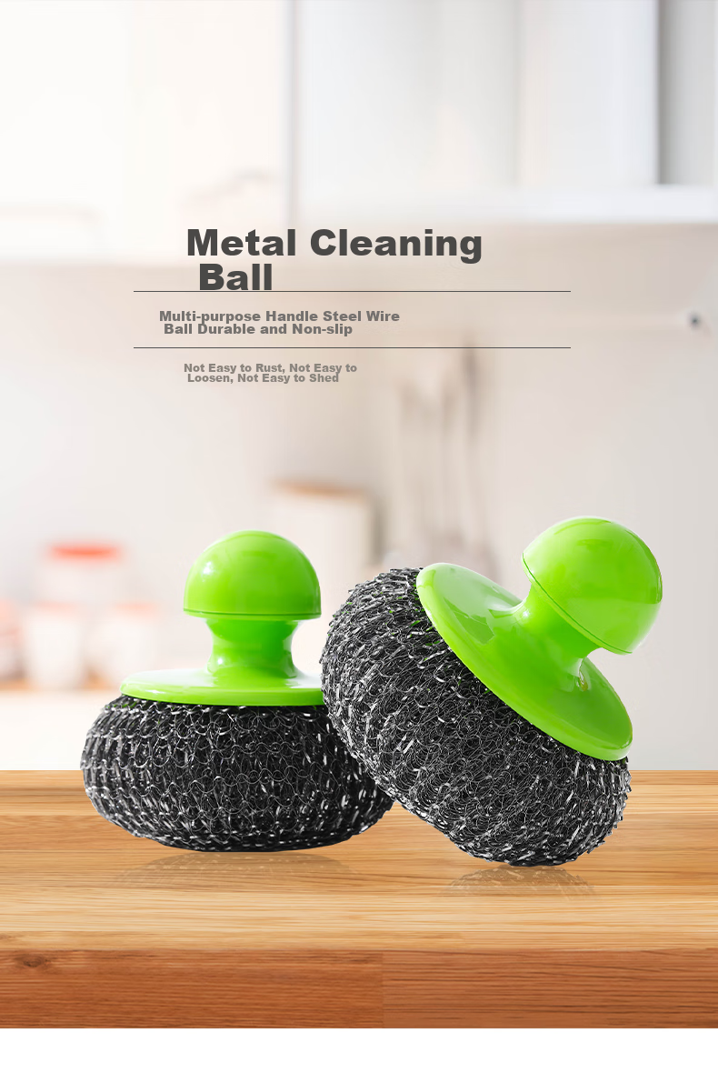 Fuaijia Long Handle Pot Scrubber, Steel Wool Cleaning Ball, Replaceable Steel Wire Ball, Pot Washing Brush Tool, 1 Handle with 6 Brush Heads 1