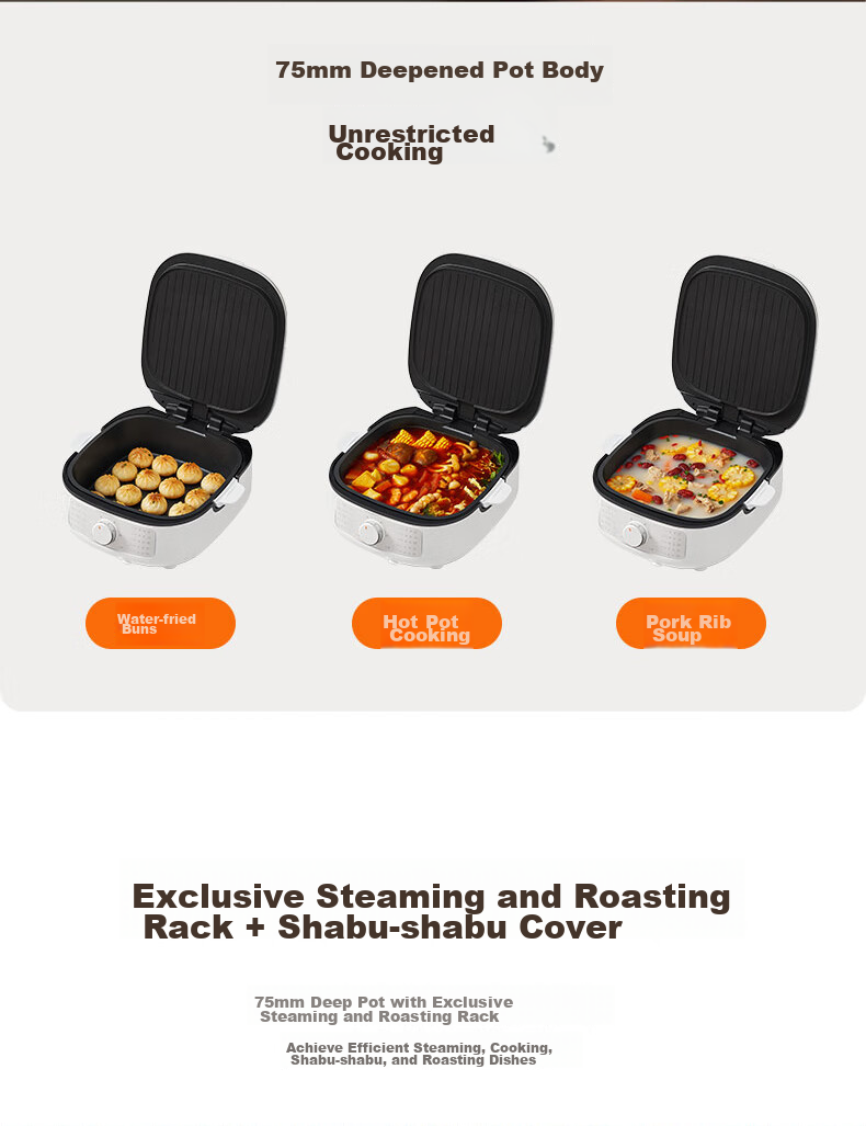 SUPOR Electric Griddle with Detachable Upper And Lower Plates, Steamer Pot Hot Pot Wok, Pancake Maker Sandwich Machine Breakfast Maker 75mm Deep Adjustable Heat JT2828R864 6